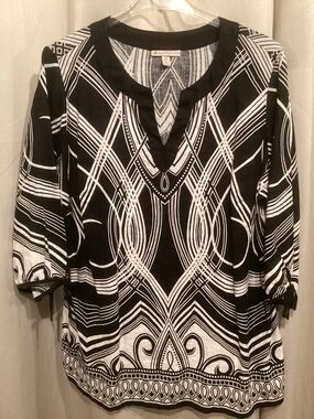 JM Collection Black & White Patterned Women's Tunic Top w/ 3/4 Sleeve